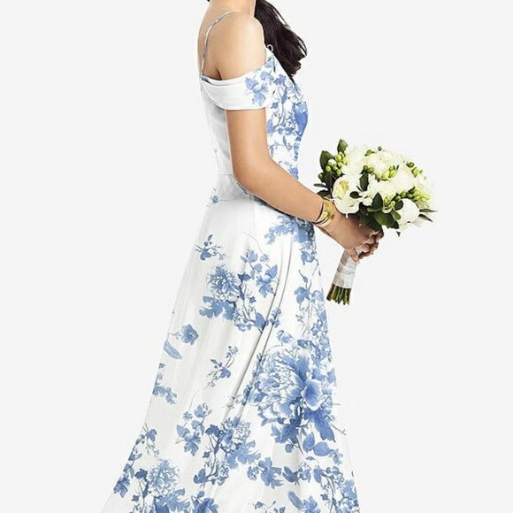 After Six 1526...Cold-Shoulder V-Back Chiffon Maxi Dress...Floral Blue...Size 12 - Picture 5 of 7